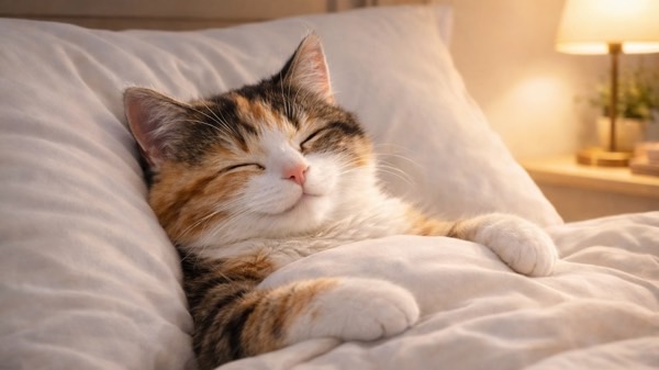 布団にくるまって気持ちよさそうに眠る三毛猫のアップ写真。安心しきった表情で前足をそろえている様子。