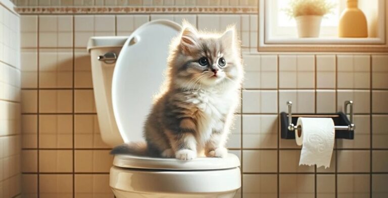 トイレの便座の上にちょこんと座るふわふわの子猫。自然光に照らされ、少し誇らしげな表情が可愛い。