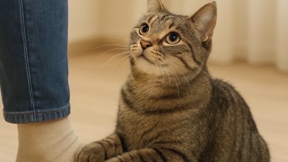 飼い主の足元で見上げる猫。何かをお願いするような表情でじっと視線を送る甘えん坊な仕草