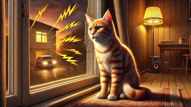 夜の窓辺で外の車の音に耳を立てる猫。部屋の照明に照らされた険しい表情が印象的。
