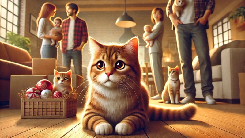 明るいリビングで家族を背景にくつろぐ猫。少し戸惑った表情だが、温かい家庭の雰囲気が伝わる。