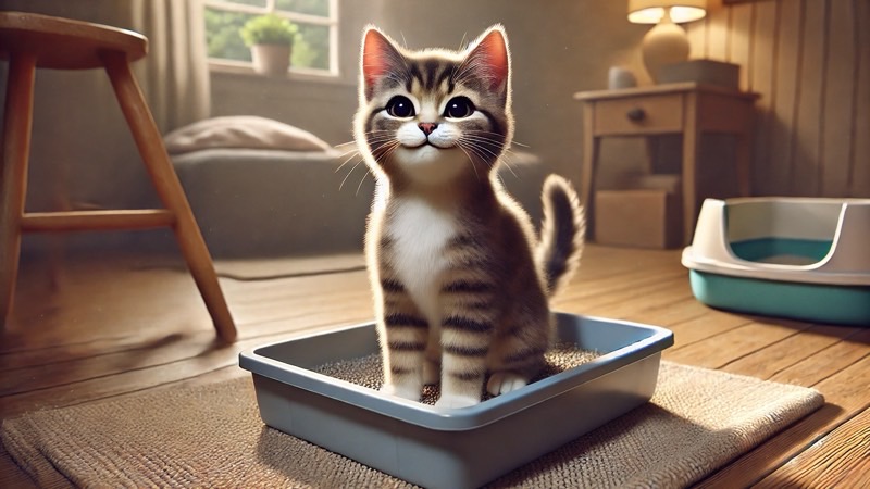 清潔な猫砂トイレの中に座り、カメラ目線でにっこりする子猫。トイレトレーニング中のような微笑ましい様子。