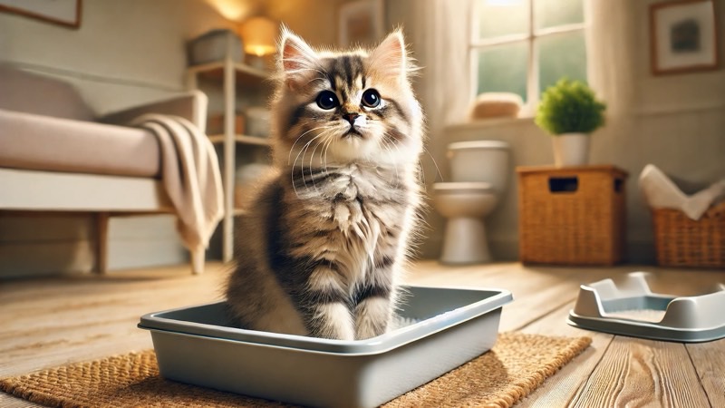 明るいリビングのトイレに、可愛い長毛の子猫がちょこんと座っている姿。穏やかな雰囲気。