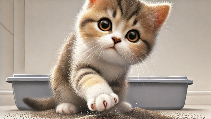 トイレの砂を前足でカキカキしている子猫。真剣な表情が愛らしい。