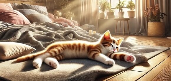 朝の光が差し込む寝室で、寝床の上に仰向けで眠る茶トラの子猫。リラックスした安心感あふれる寝姿