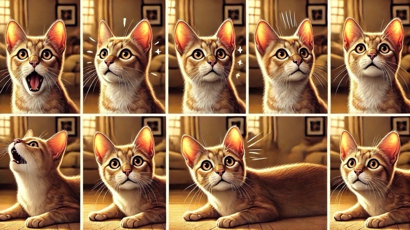 猫の表情変化を連続で描いたイラスト。音を聞いて驚いたり興味を示す様子。