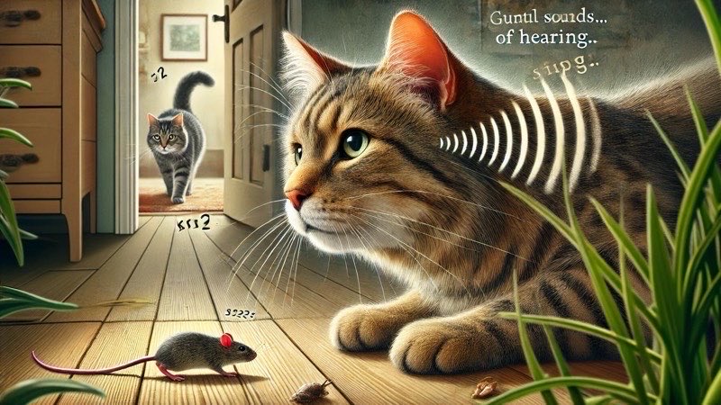 ネズミの小さな足音を敏感に聞き取る猫。驚異の聴力を表すリアルなイメージ画像。