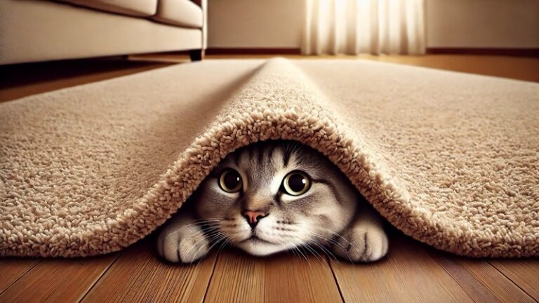 カーペットの下に潜り、顔だけ出してこちらを見つめる猫の様子