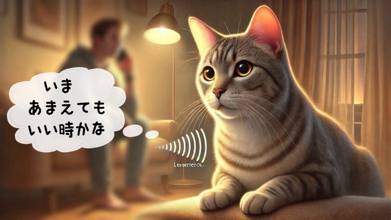 飼い主の声を聞き取りながら「いま甘えてもいいかな」とタイミングをうかがう猫。