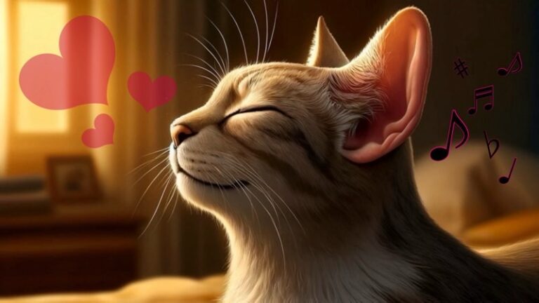 優しい音にうっとりして目を細める猫。音符とハートが浮かび音を楽しんでいる様子。