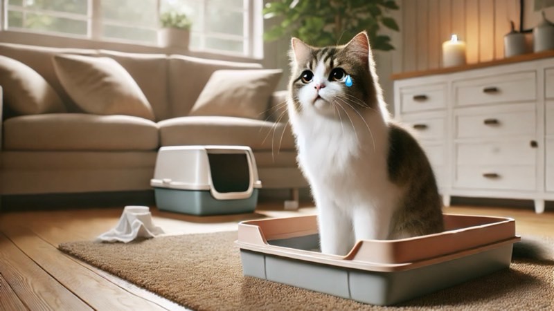 トイレの中で少し涙を浮かべながら座る猫。どこか切なげな表情で、トイレに関する悩みを抱えているように見えるリアルな一枚。