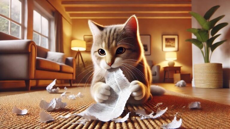 明るいリビングで紙をビリビリ破って夢中で遊ぶ子猫の可愛い姿