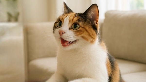 明るいリビングで口を小さく開け、嬉しそうにこちらを見上げる三毛猫。甘えたい気持ちを飼い主に伝えようとしている様子