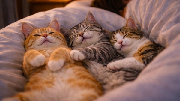 布団の上で寄り添って気持ちよさそうに眠る3匹の猫。飼い主と一緒に熟睡する猫たち