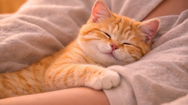 飼い主の腕を枕にして幸せそうに眠る茶トラの子猫。遊び疲れて熟睡する猫の姿