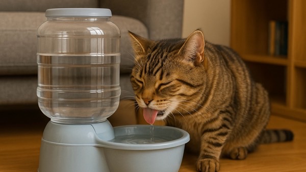 重力式給水機の器から、水をペロリと舐めて飲んでいるキジトラ猫。目を細めて美味しそうに水分補給している様子