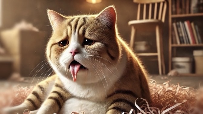 紙くずの中で舌を出し、紙を誤って飲み込んで気持ち悪くなったように見える猫がぐったりと困った表情をしている様子