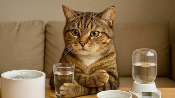 テーブルの上の水グラスや給水器を前に、腕を組んで座るキジトラ猫。どの水を飲もうか考えているような表情