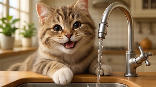 明るいキッチンのシンクで、楽しそうに蛇口から流れる水を眺めるふわふわ子猫の可愛い姿。