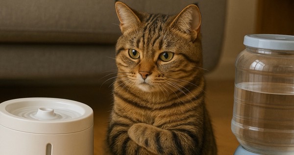 循環式と重力式の給水器を前に、真剣な顔で見比べているキジトラ猫