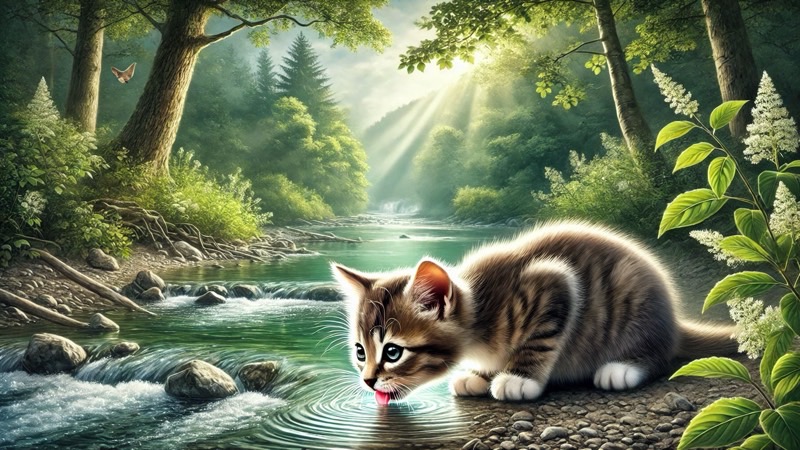 自然豊かな森の川辺で、澄んだ水をペロリと飲む子猫の美しいイラスト。