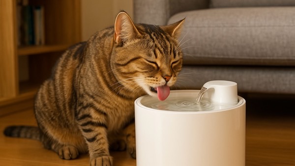 白い循環式給水器から流れる水を、舌を出して美味しそうに飲むキジトラ猫