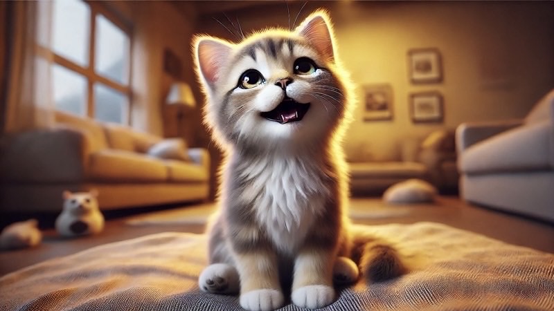 柔らかい照明のリビングで口を小さく開け、楽しそうに見上げる子猫。甘えたサイレントニャーをしているかのような愛らしい仕草