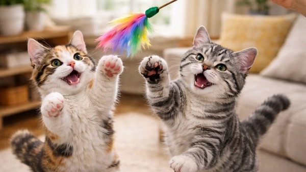 明るいリビングで猫じゃらしに夢中になって遊ぶ2匹の子猫。日中の遊びで運動不足を解消する猫の様子