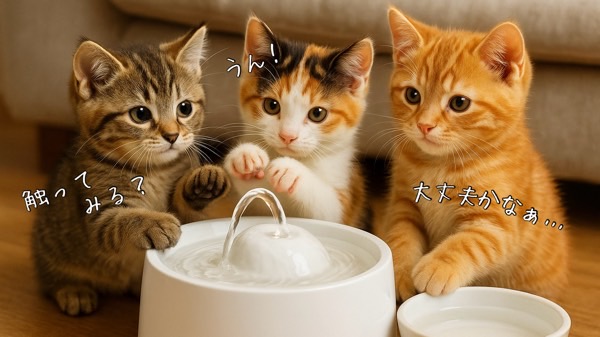 3匹の子猫が自動給水器を囲み、前足をそっと伸ばしながら興味津々で観察している様子