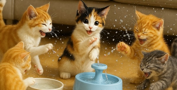 給水器の水しぶきで楽しそうに遊ぶ子猫たち。水を叩いてはしゃぐ姿が可愛いシーン