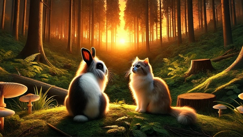 薄明かりの森で向かい合う猫とウサギ。猫が薄明薄暮に狩りをしていた名残を表現したイメージ。