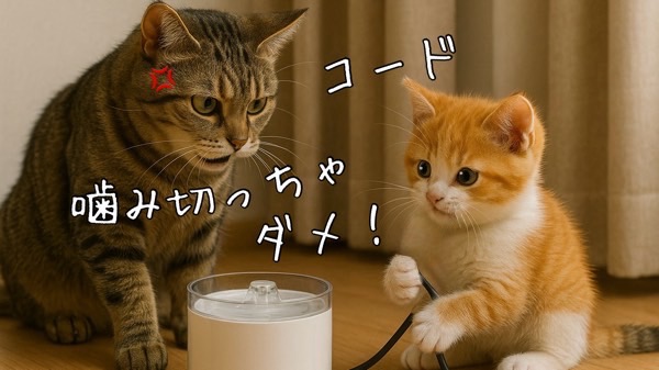給水器の電源コードを噛もうとする茶トラ子猫を、キジトラ猫が怒った表情で注意している様子