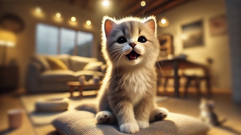 柔らかいクッションの上で口を小さく開けてこちらを見上げる子猫。リビングの暖かい照明の中でサイレントニャーのように甘えている様子
