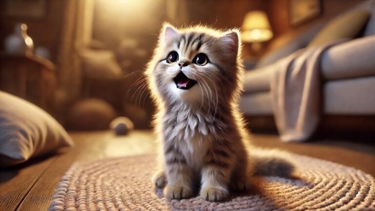 明るい室内で丸いラグの上に座り、口を小さく開けて甘えた表情を見せるふわふわの子猫。サイレントニャーをしているような可愛い仕草