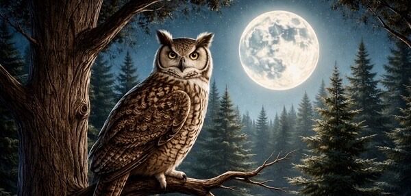 夜行性の象徴であるフクロウ。猫との活動時間の違いを比較するイメージ。