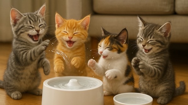 自動給水器の水に前足を伸ばして、水しぶきを上げながら大はしゃぎする4匹の子猫。楽しそうに笑って遊ぶ姿が可愛いシーン