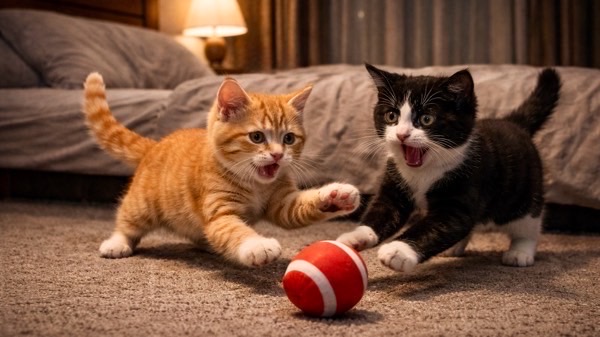 夜の室内で元気にボール遊びをする子猫たち。薄明薄暮性による活発な行動が見られる瞬間。