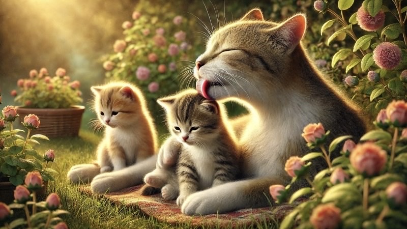 花に囲まれた庭で、母猫が子猫を優しく舐めてお世話している穏やかな親子猫の姿。隣にはもう一匹の子猫が寄り添い、温かく幸せな雰囲気が漂うシーン