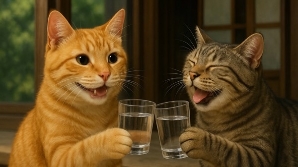水の入ったコップを前足で持ち、楽しそうに乾杯している茶トラ猫とキジトラ猫。水分補給を仲良く楽しむ可愛いシーン