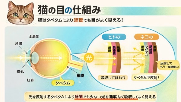 猫の目の構造とタペタムの仕組みを解説した図。暗闇でも見える理由を分かりやすく説明。