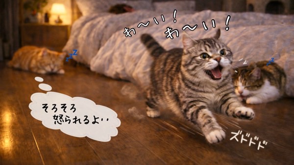 夜の寝室で全力疾走する猫と、後ろで眠っている猫。真夜中の運動会でテンションが違う猫たちの様子