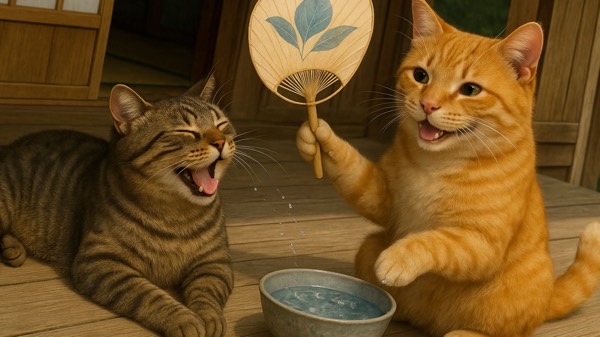 縁側で茶トラ猫が団扇をあおぎ、キジトラ猫が気持ちよさそうに笑顔を見せている夏らしい微笑ましいシーン