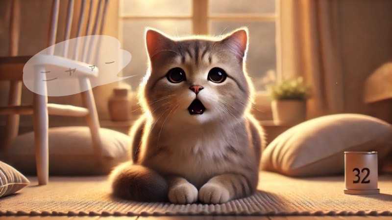 明るい部屋で口を小さく開け、吹き出しで薄く「ニャァー」と書かれている。声を出してるつもりで出てない様子。