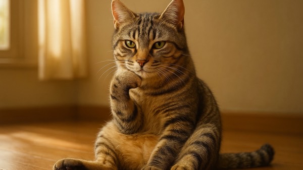 床に座って、顎に前足を添えながら考え事をするようなポーズをしているキジトラ猫。人間の仕草を観察しているように見える可愛い様子。