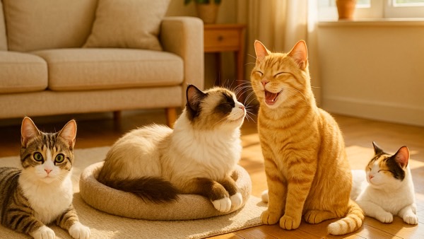 リビングでくつろぐ複数の猫たち 性格の違いがあっても仲良く暮らす様子