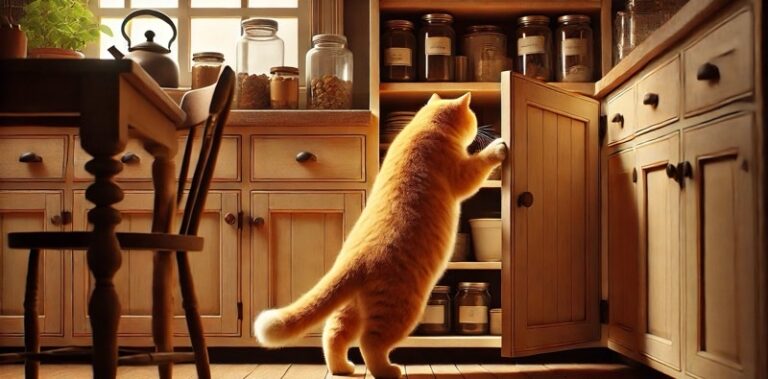 キッチンの棚を自分で開けようとする茶トラ猫の可愛い後ろ姿。興味津々で立ち上がって中を覗いている様子。