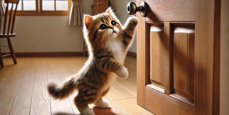 ドアノブに手を伸ばして開けようとする子猫。好奇心いっぱいの可愛い仕草。