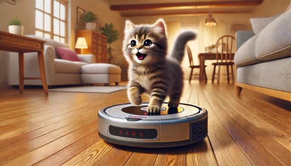 ロボット掃除機の上に乗って楽しそうに遊ぶ子猫。表情が生き生きして可愛い。
