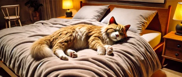 暖かいベッドの上でリラックスして眠る大きめの茶トラ猫。ふわふわ毛布で心地よさそう。