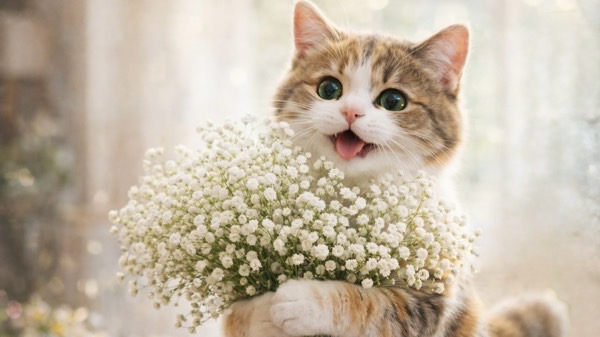カスミソウの花束を抱える猫。可愛らしい見た目だが、猫が花を口にしないよう配慮が必要なシーン